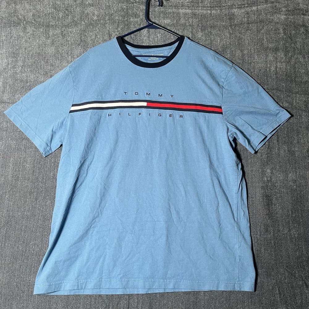 Tommy Hilfiger Men's T-Shirt Size XXL Blue Signature Stripe Logo Crew Neck Tee